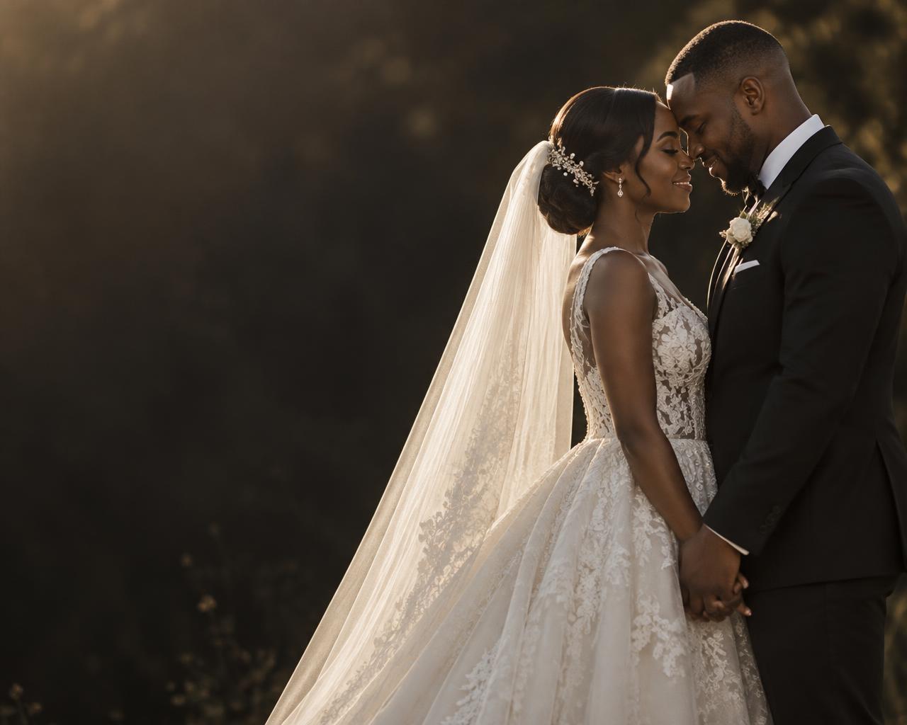 Bride and groom standing close together in warm evening light